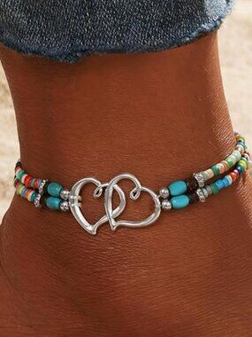 Boho Multicolor Beaded Double Heart Ankle Bracelet Turquoise & Silver New